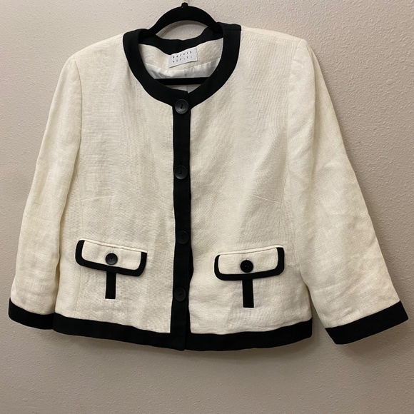 Vintage Precis Petite White and Black 100% Linen Blazer Jacket - Picture 1 of 11